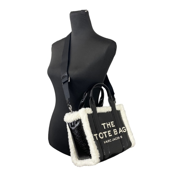 EUC Shiny Calfskin Faux Shearling Small The Traveler Tote Bag Black - Picture 3 of 4